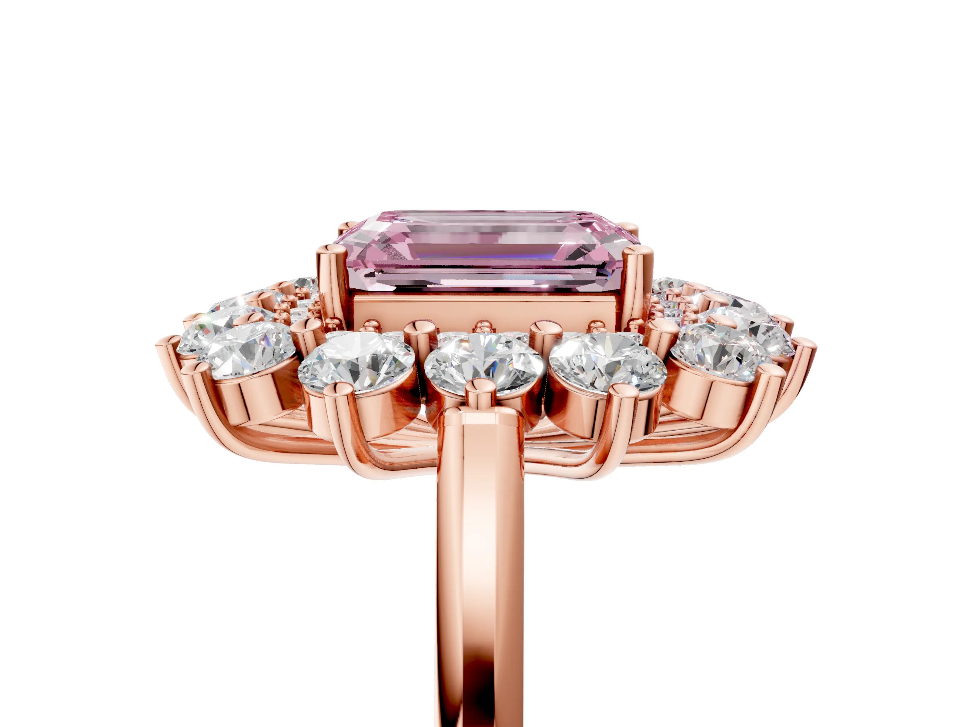 Rose gold Fancy Pink Emerald Cut Halo Cluster Diamond Ring with Pave Band and Four-Prong Setting_17