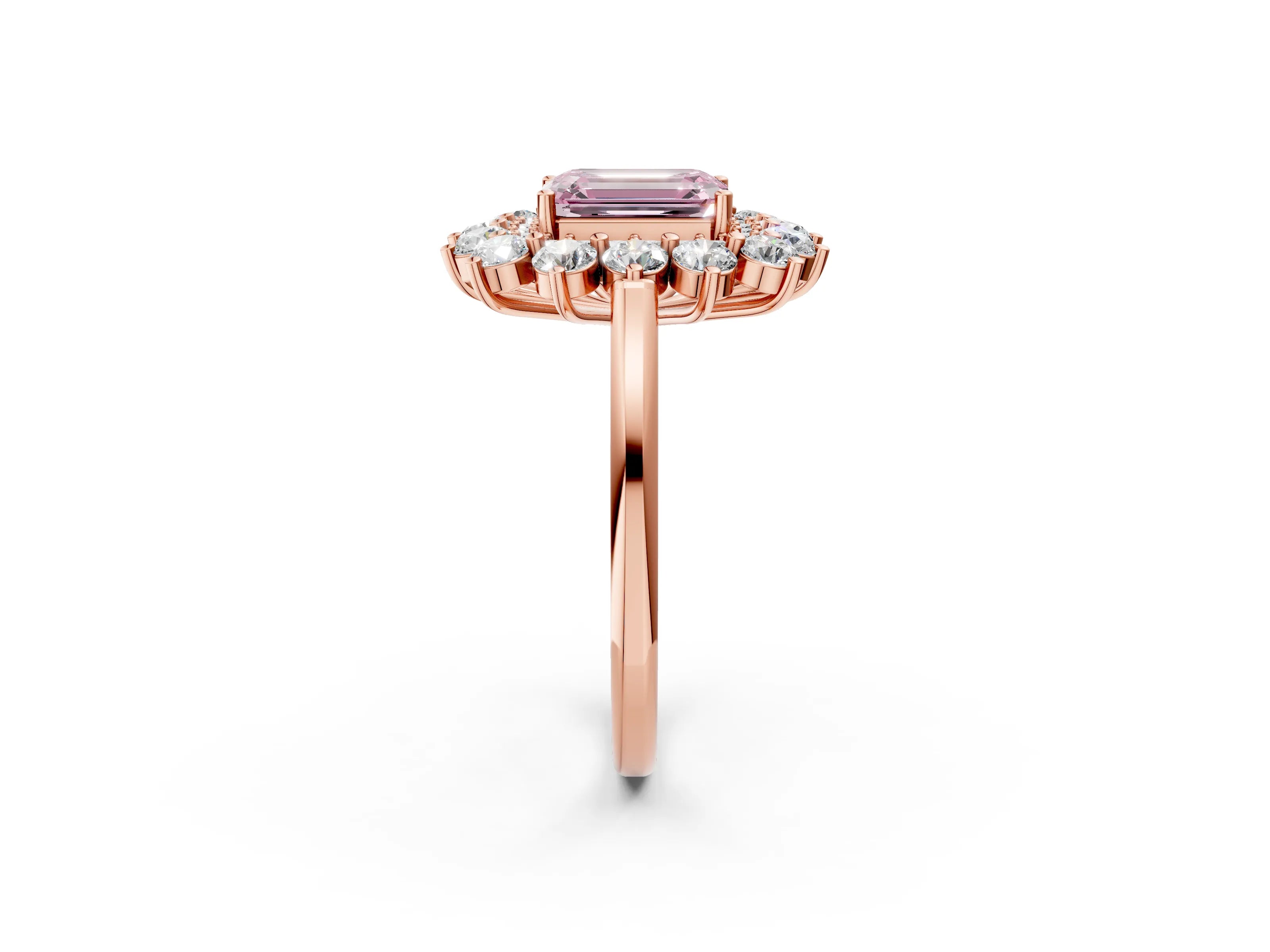 Rose gold Fancy Pink Emerald Cut Halo Cluster Diamond Ring with Pave Band and Four-Prong Setting_2