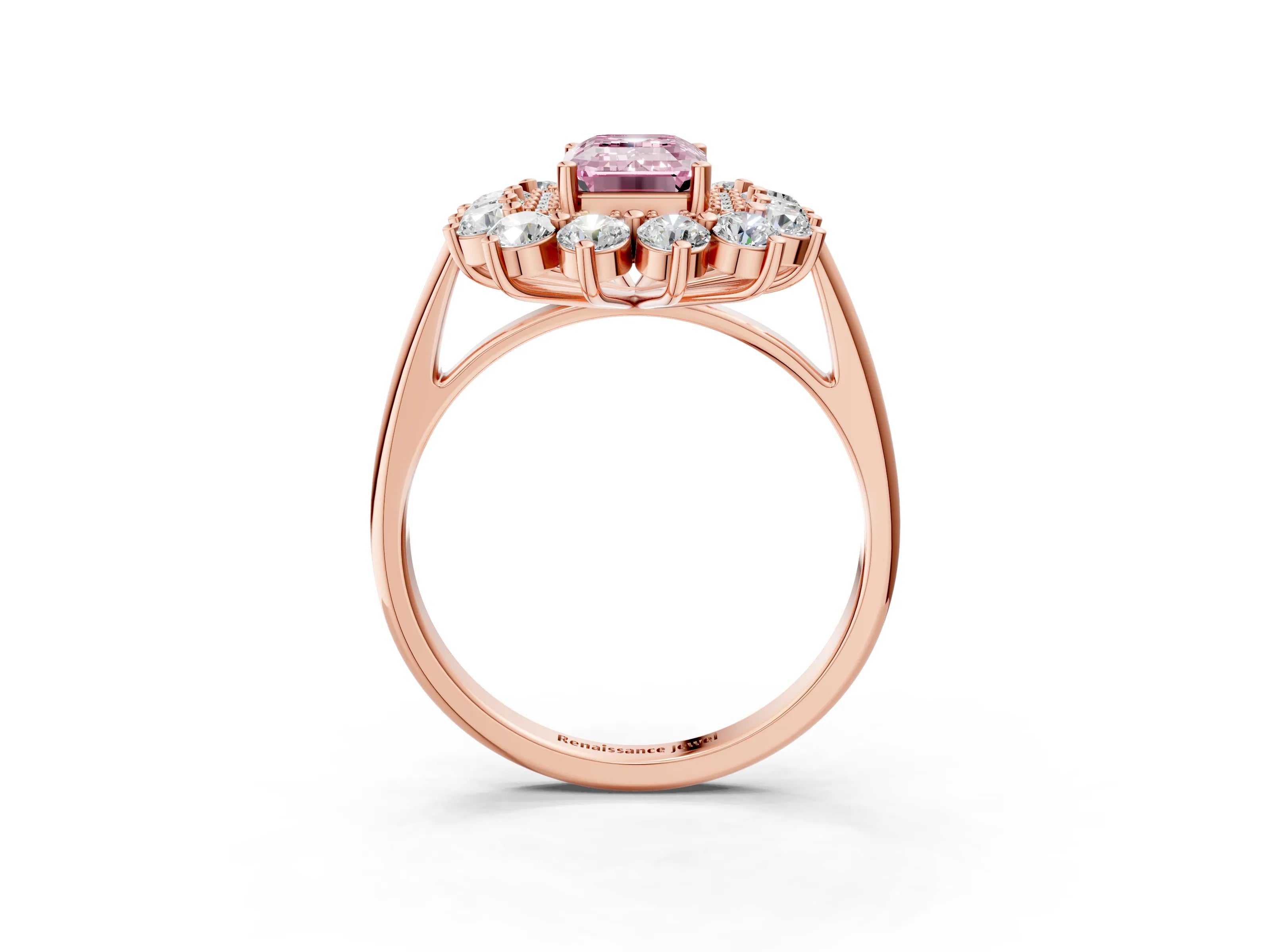 Rose gold Fancy Pink Emerald Cut Halo Cluster Diamond Ring with Pave Band and Four-Prong Setting_3