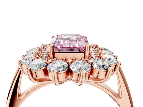 Rose gold Fancy Pink Emerald Cut Halo Cluster Diamond Ring with Pave Band and Four-Prong Setting_4