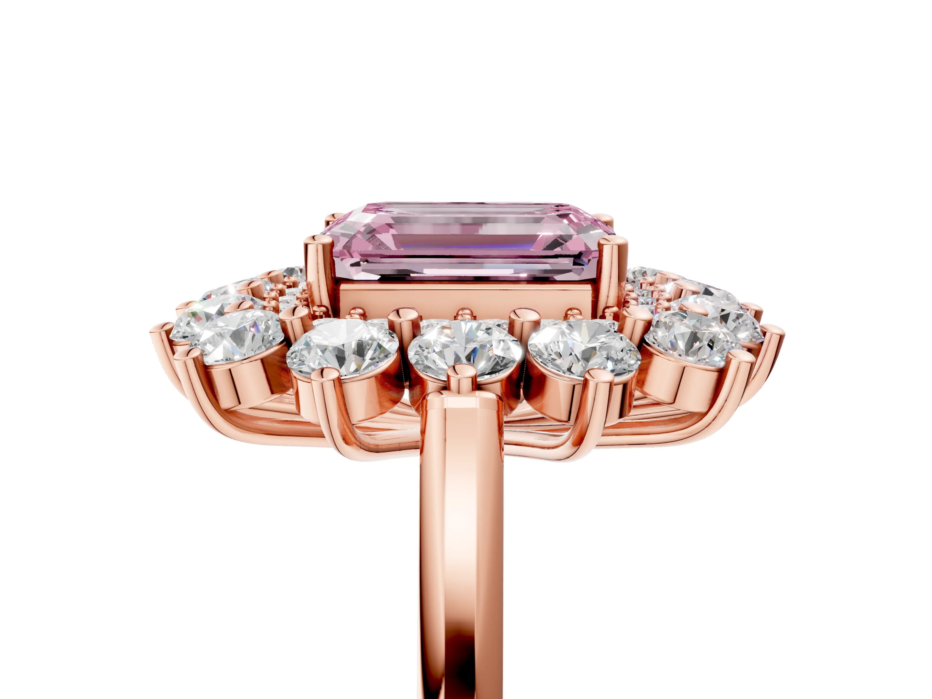 Rose gold Fancy Pink Emerald Cut Halo Cluster Diamond Ring with Pave Band and Four-Prong Setting_5