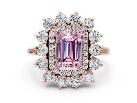 Rose gold Fancy Pink Emerald Cut Halo Cluster Diamond Ring with Pave Band and Four-Prong Setting