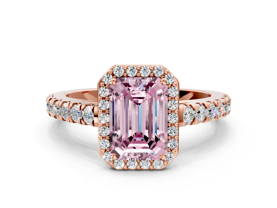 Rose gold Fancy Pink Emerald  Cut Halo Diamond Engagement Ring with Pave Band and Four-Prong Setting_28