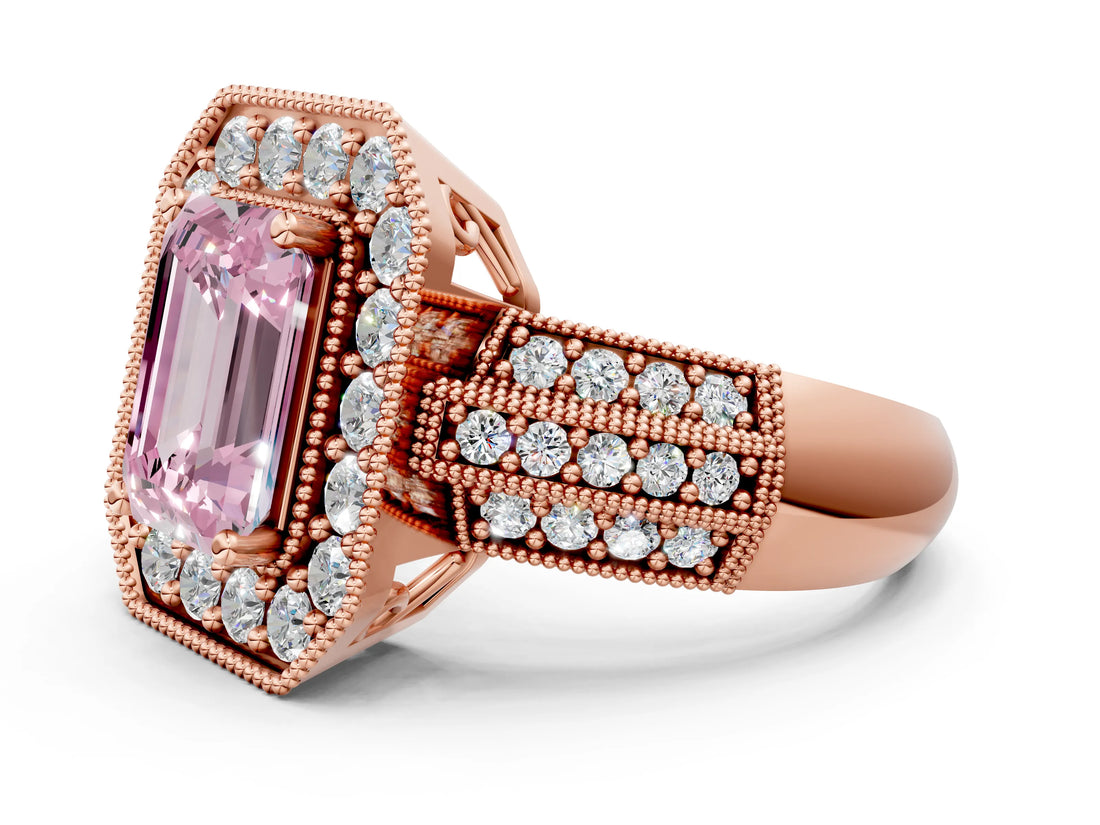 Rose gold Fancy Pink Emerald Cut Halo Diamond Engagement Ring with Pave Split Shank and Four-Prong Setting