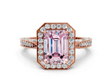 Rose gold Fancy Pink Emerald Cut Halo Diamond Engagement Ring with Split Shank Band and Four-Prong Setting