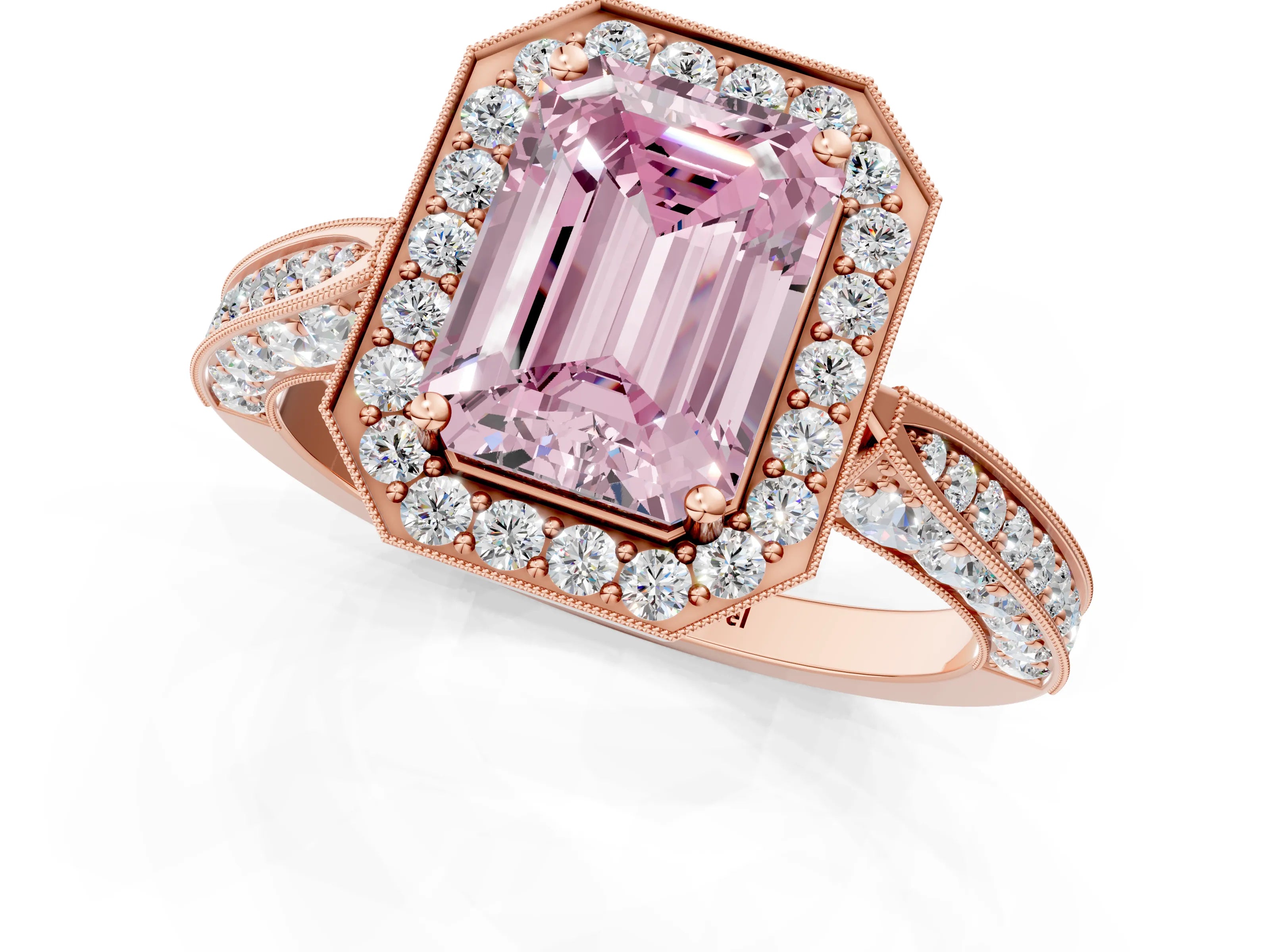 Rose gold Fancy Pink Emerald Cut Halo Diamond Engagement Ring with Split Shank Band and Four-Prong Setting_1
