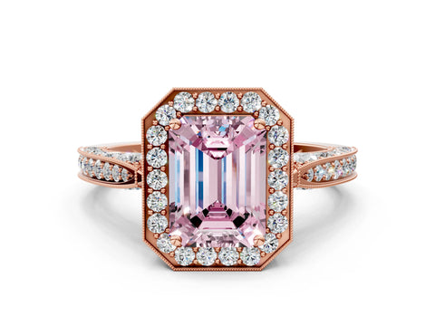 Rose gold Fancy Pink Emerald Cut Halo Diamond Engagement Ring with Split Shank Band and Four-Prong Setting