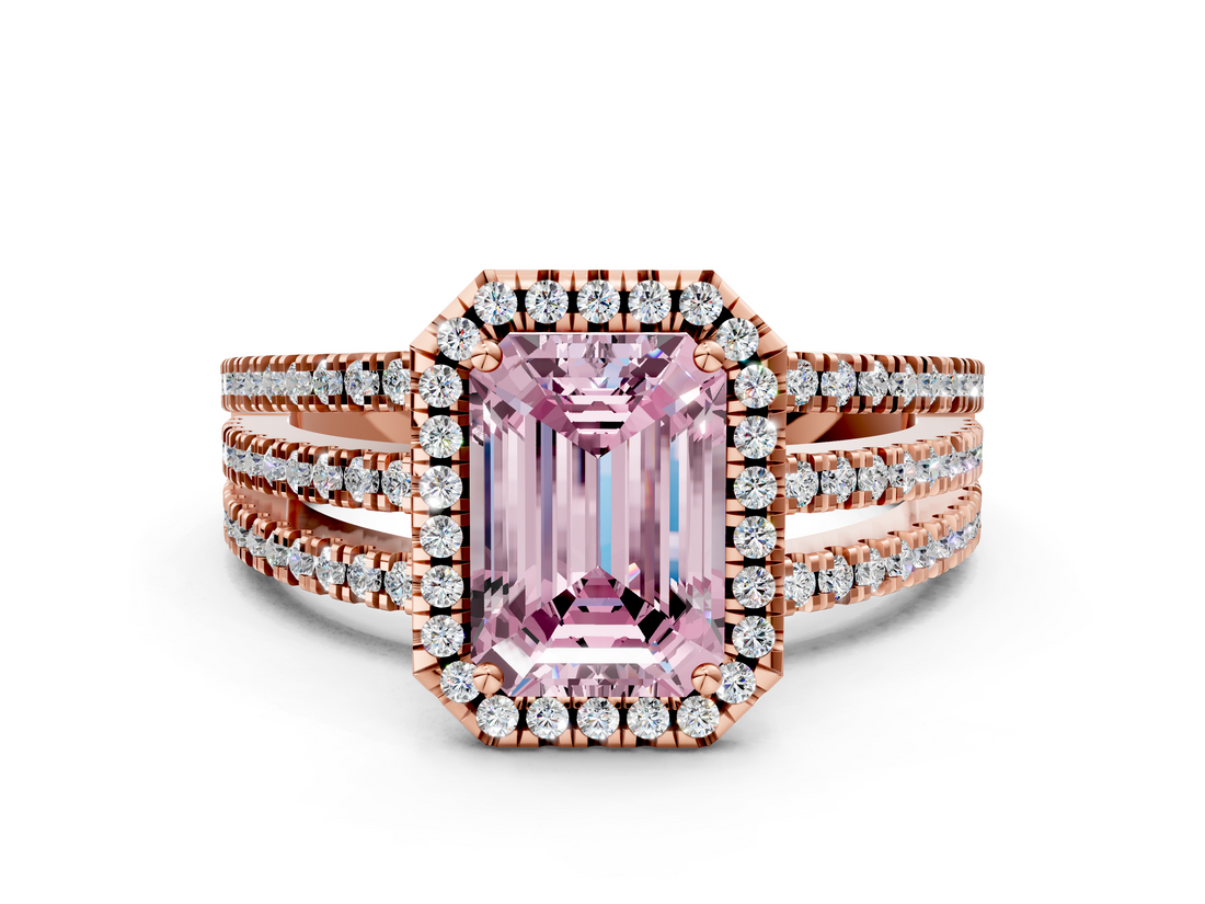 Rose gold Fancy Pink Emerald  Cut Halo Diamond Engagement Ring with Split Shank and Four-Prong Setting_20
