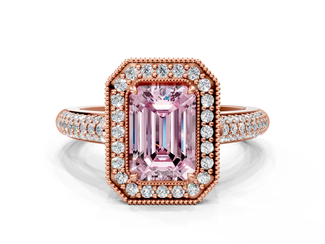 Rose gold Fancy Pink Emerald  Cut Halo Diamond Pave Band with Four-Prong Setting_35