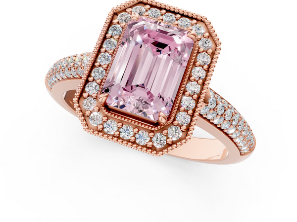 Rose gold Fancy Pink Emerald  Cut Halo Diamond Pave Band with Four-Prong Setting