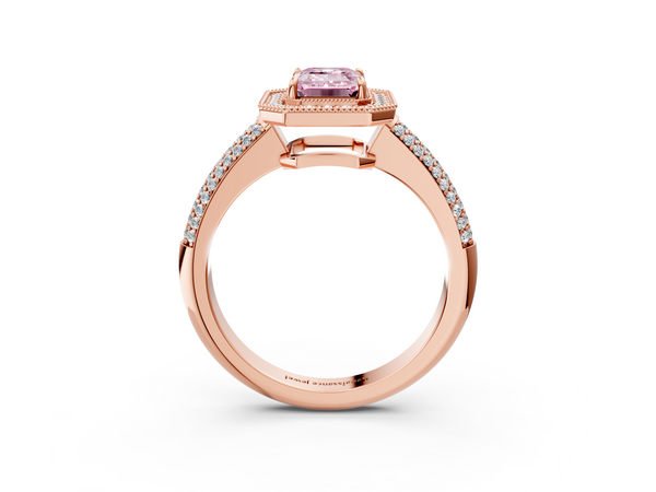 Rose gold Fancy Pink Emerald  Cut Halo Diamond Pave Band with Four-Prong Setting