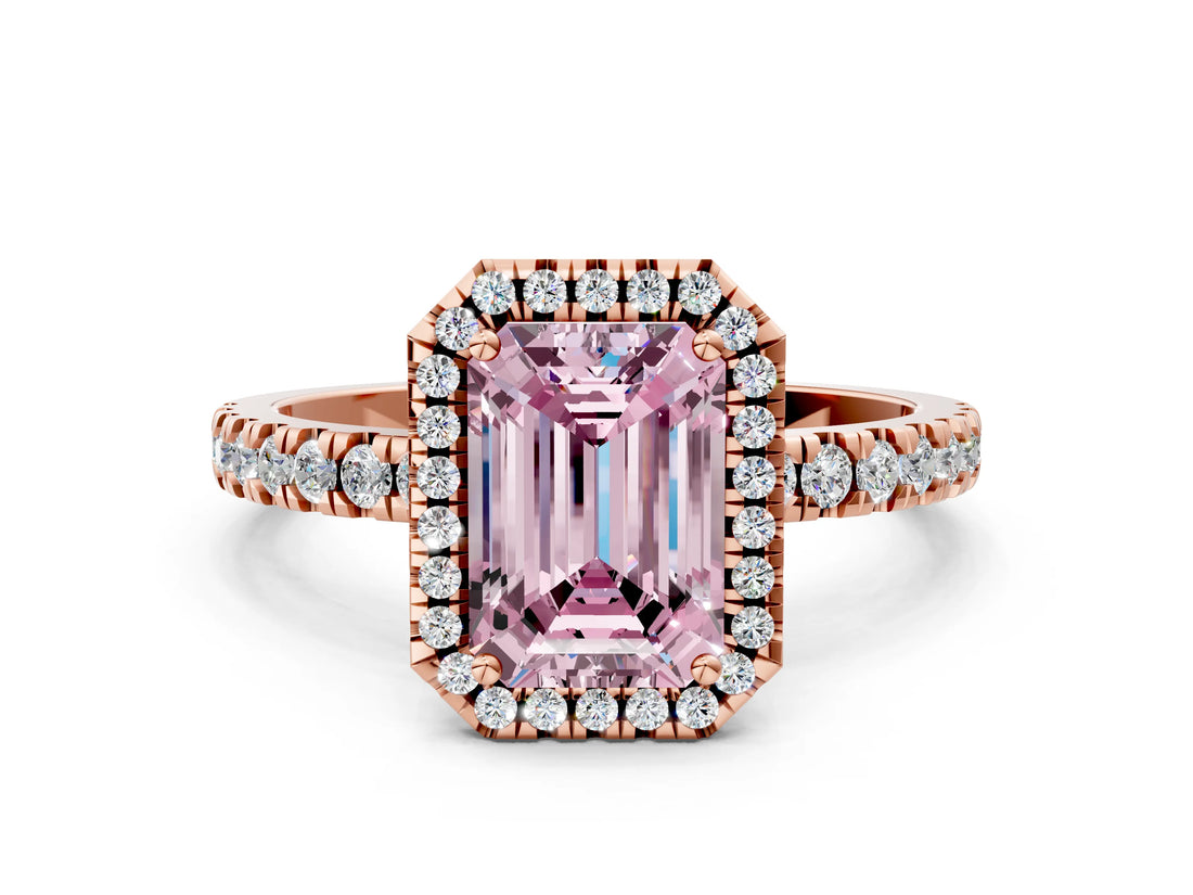 Rose gold Fancy Pink Emerald Cut Halo Diamond Pave Band with Prong Setting