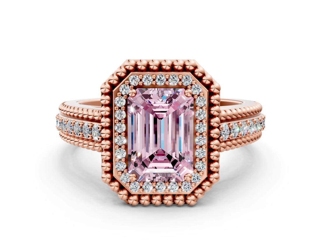 Rose gold Fancy Pink Emerald Cut Halo Diamond Ring with Beaded Split Shank and Four-Prong Setting