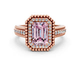 Rose gold Fancy Pink Emerald Cut Halo Diamond Ring with Beaded Split Shank and Four-Prong Setting