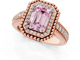 Rose gold Fancy Pink Emerald Cut Halo Diamond Ring with Beaded Split Shank and Four-Prong Setting_1