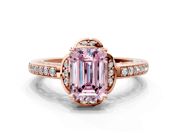 Rose gold Fancy Pink Emerald  Cut Halo Diamond Ring with Channel Set Band and Four-Prong Setting