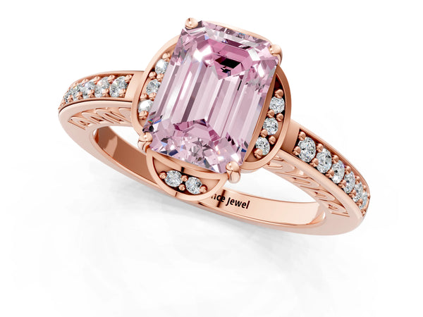 Rose gold Fancy Pink Emerald  Cut Halo Diamond Ring with Channel Set Band and Four-Prong Setting