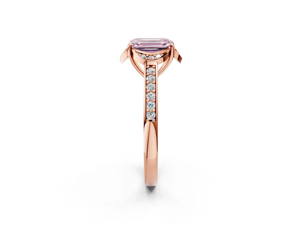 Rose gold Fancy Pink Emerald  Cut Halo Diamond Ring with Channel Set Band and Four-Prong Setting