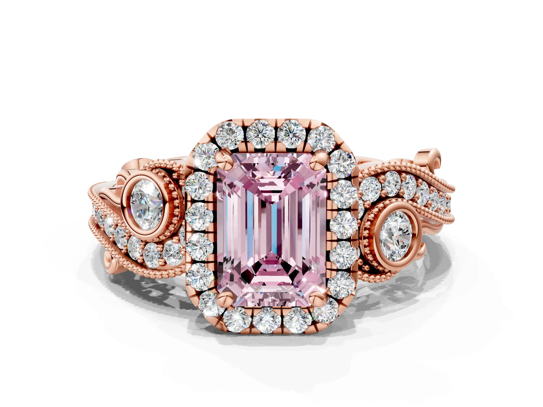 Rose gold Fancy Pink Emerald Cut Halo Diamond Ring with Milgrain and Bezel Accents on a Split Shank Band_12