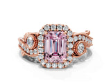 Rose gold Fancy Pink Emerald Cut Halo Diamond Ring with Milgrain and Bezel Accents on a Split Shank Band_12