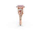 Rose gold Fancy Pink Emerald Cut Halo Diamond Ring with Milgrain and Bezel Accents on a Split Shank Band_14
