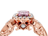 Rose gold Fancy Pink Emerald Cut Halo Diamond Ring with Milgrain and Bezel Accents on a Split Shank Band_16