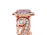 Rose gold Fancy Pink Emerald Cut Halo Diamond Ring with Milgrain and Bezel Accents on a Split Shank Band_17
