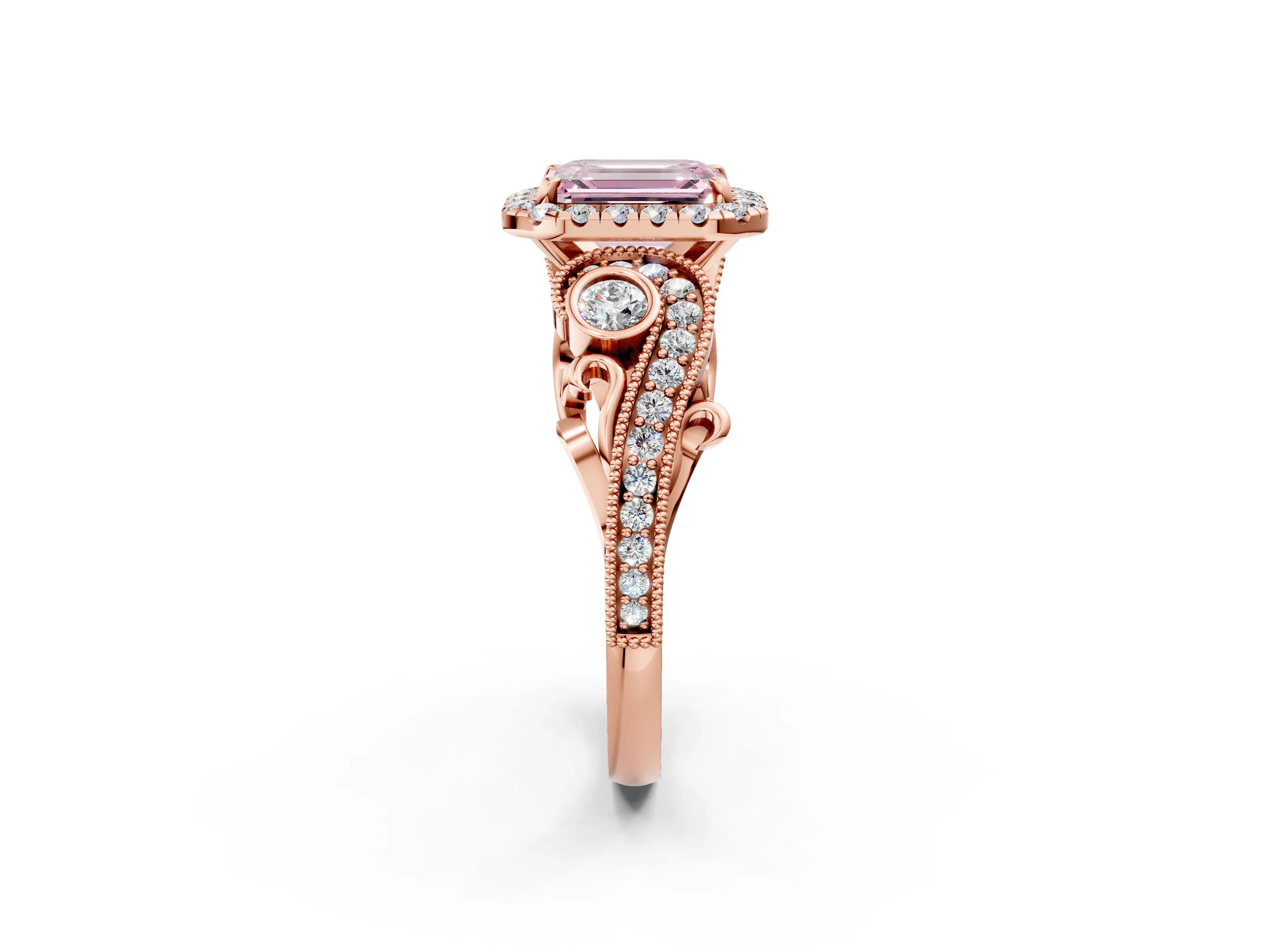 Rose gold Fancy Pink Emerald Cut Halo Diamond Ring with Milgrain and Bezel Accents on a Split Shank Band_2