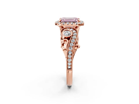 Rose gold Fancy Pink Emerald Cut Halo Diamond Ring with Milgrain and Bezel Accents on a Split Shank Band_2