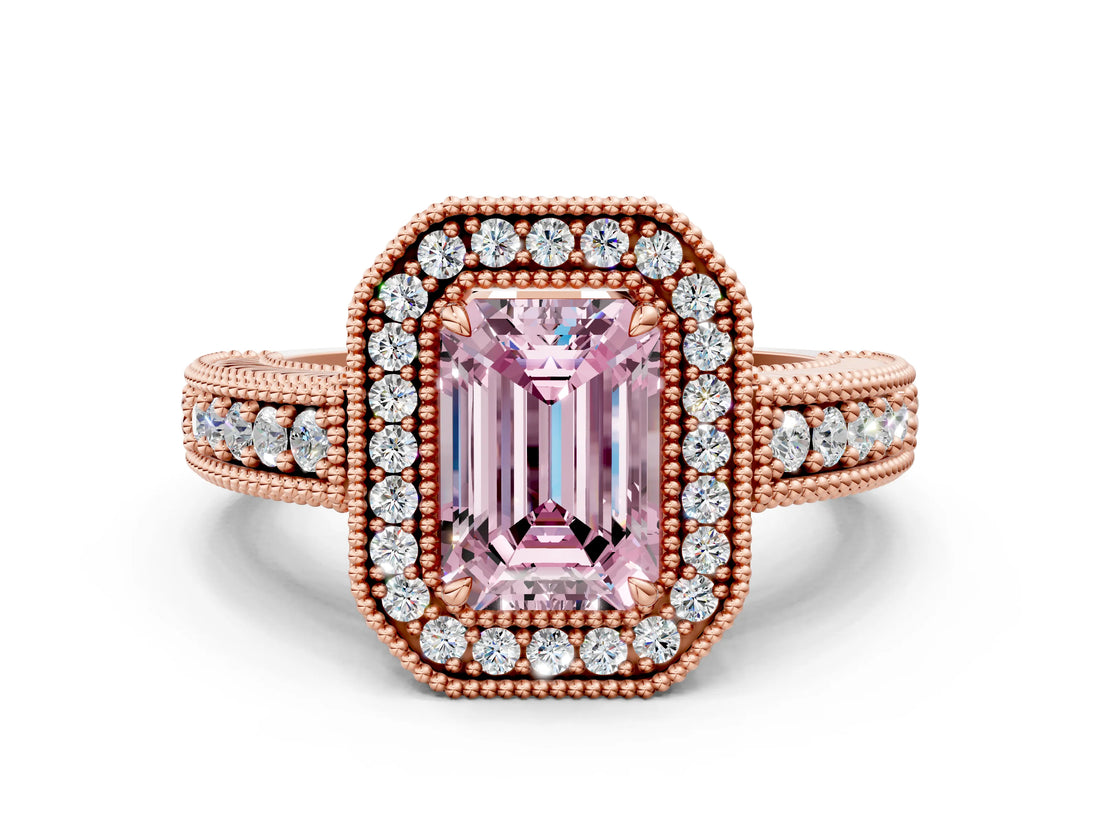 Rose gold Fancy Pink Emerald  Cut Halo Diamond Ring with Pavé Band and Four-Prong Setting_69