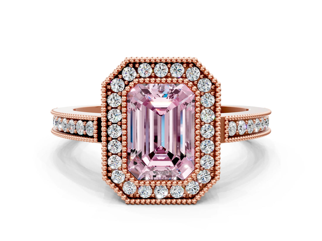Rose gold Fancy Pink Emerald  Cut Halo Diamond Ring with Pavé Band and Milgrain Prong Setting_32