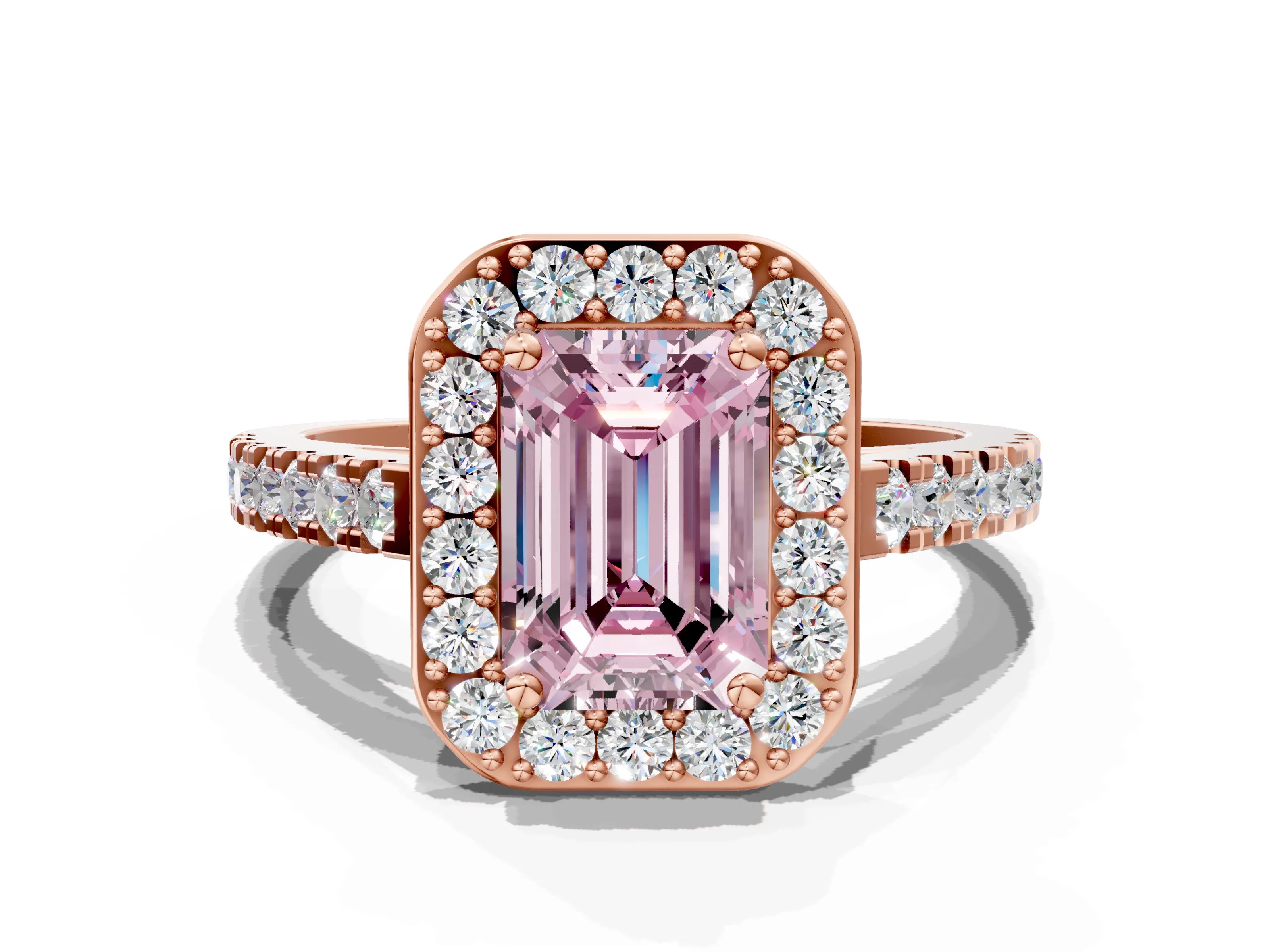 Rose gold Fancy Pink Emerald Cut Halo Diamond Ring with Pavé Band and Three-Prong Setting