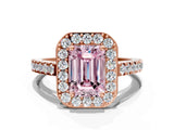 Rose gold Fancy Pink Emerald Cut Halo Diamond Ring with Pavé Band and Three-Prong Setting