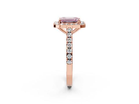 Rose gold Fancy Pink Emerald Cut Halo Diamond Ring with Pavé Band and Three-Prong Setting_2