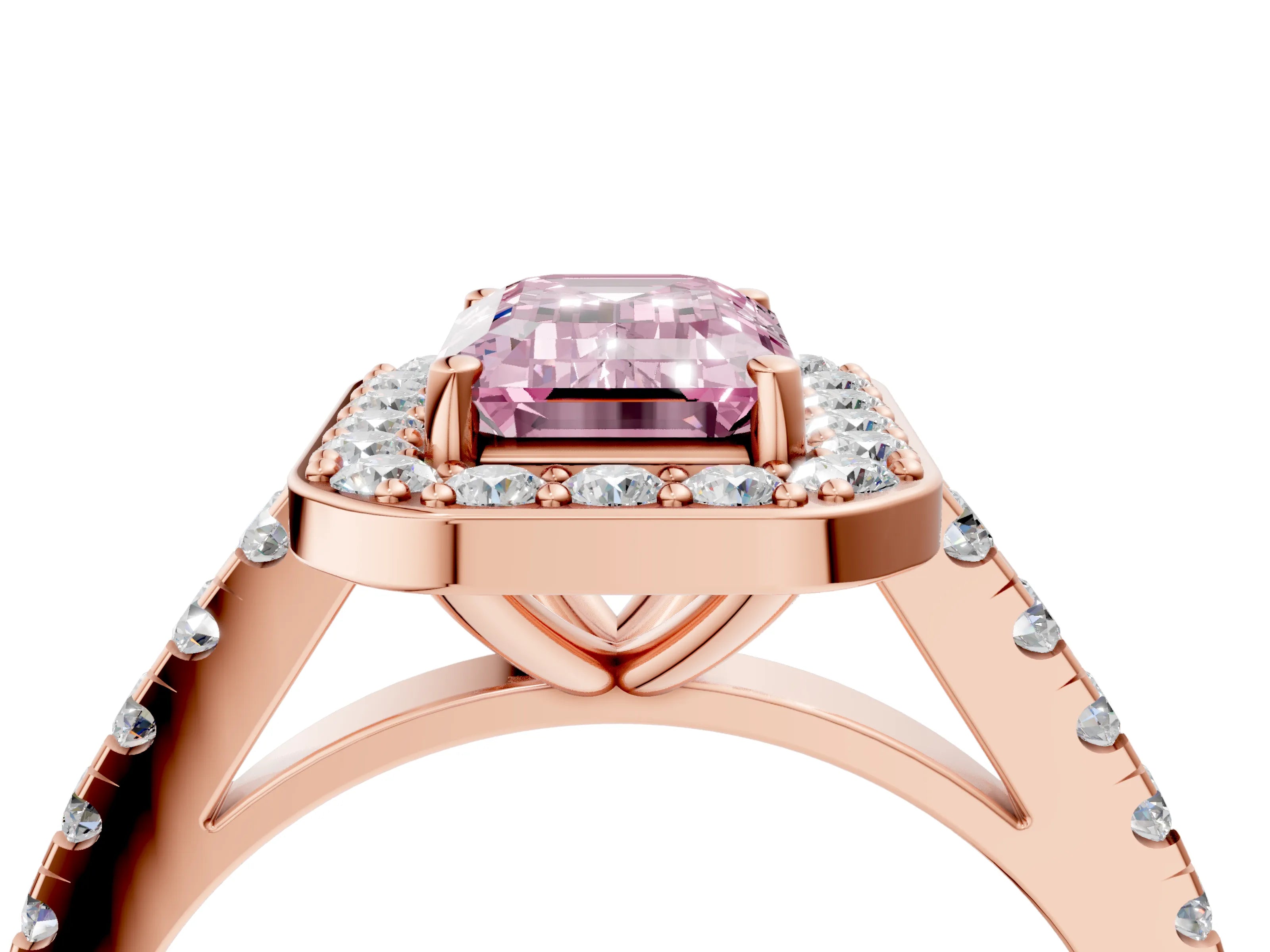 Rose gold Fancy Pink Emerald Cut Halo Diamond Ring with Pavé Band and Three-Prong Setting_4