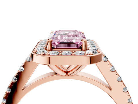 Rose gold Fancy Pink Emerald Cut Halo Diamond Ring with Pavé Band and Three-Prong Setting_4