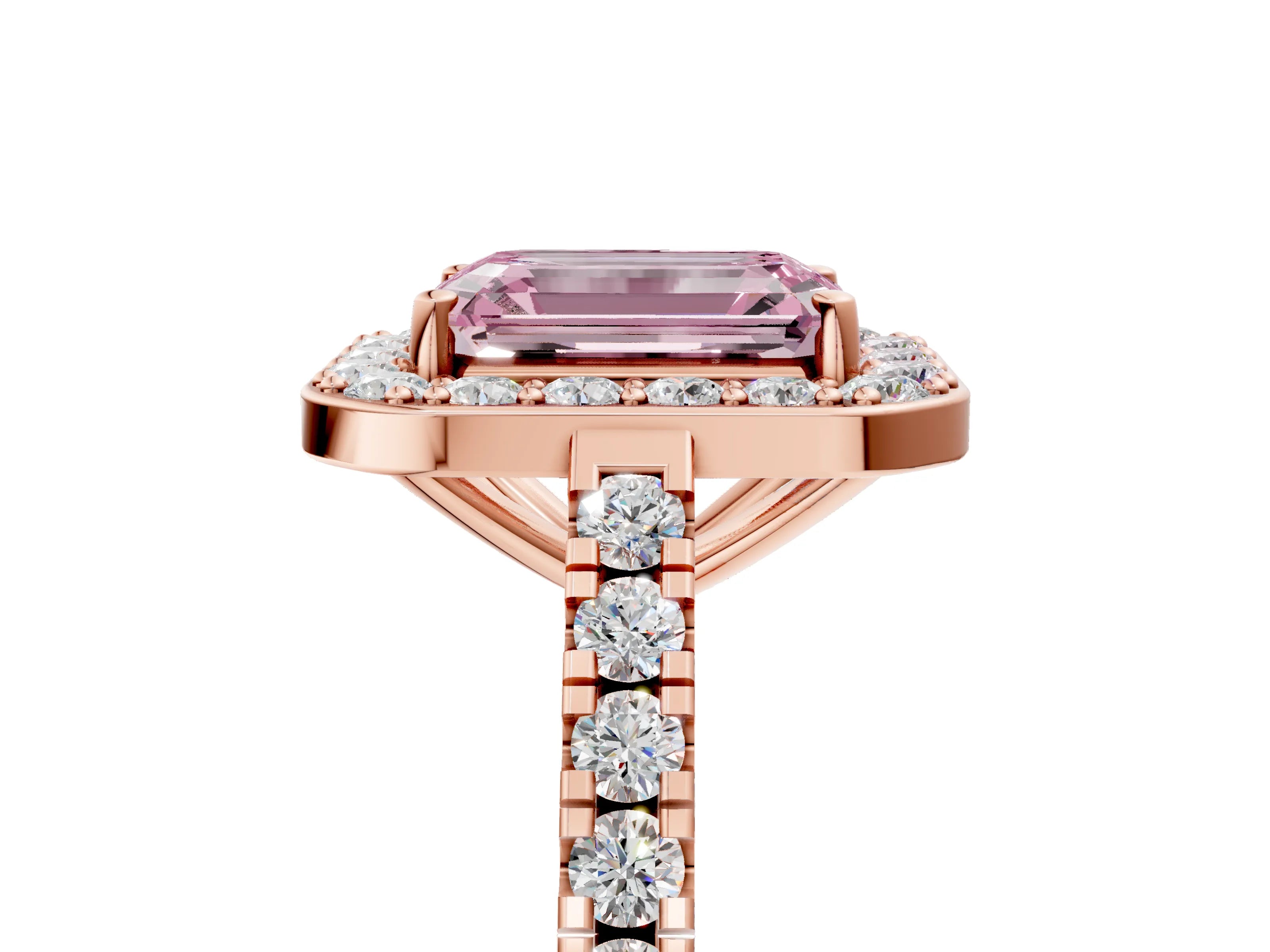 Rose gold Fancy Pink Emerald Cut Halo Diamond Ring with Pavé Band and Three-Prong Setting_5