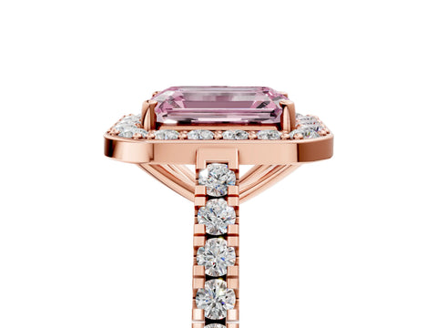 Rose gold Fancy Pink Emerald Cut Halo Diamond Ring with Pavé Band and Three-Prong Setting_5
