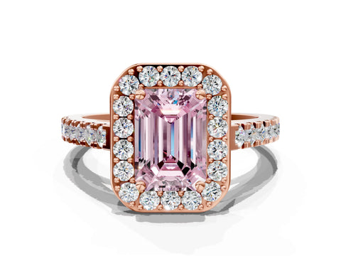 Rose gold Fancy Pink Emerald Cut Halo Diamond Ring with Pavé Band and Three-Prong Setting