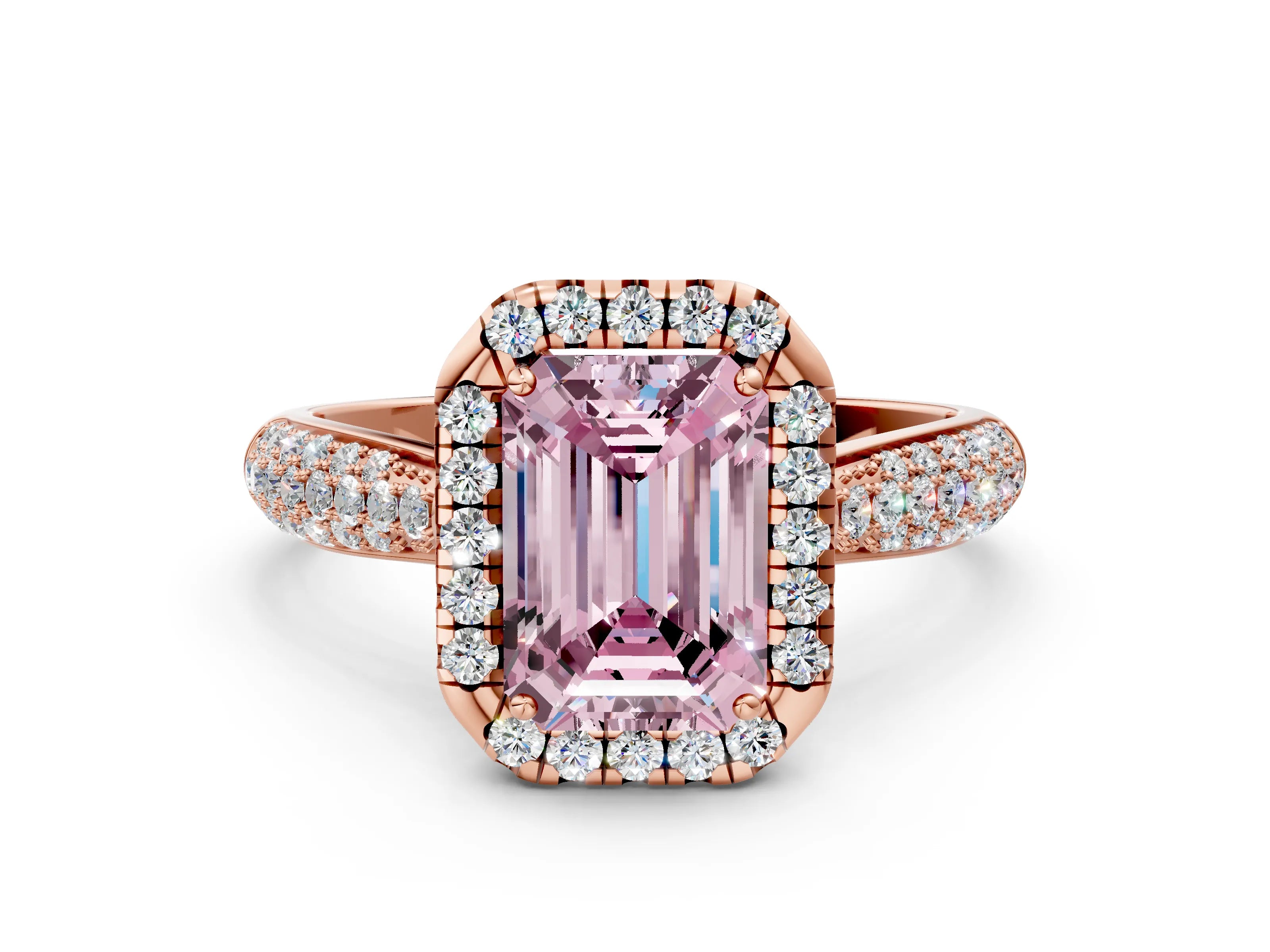 Rose gold Fancy Pink Emerald Cut Halo Diamond Ring with Pavé Band