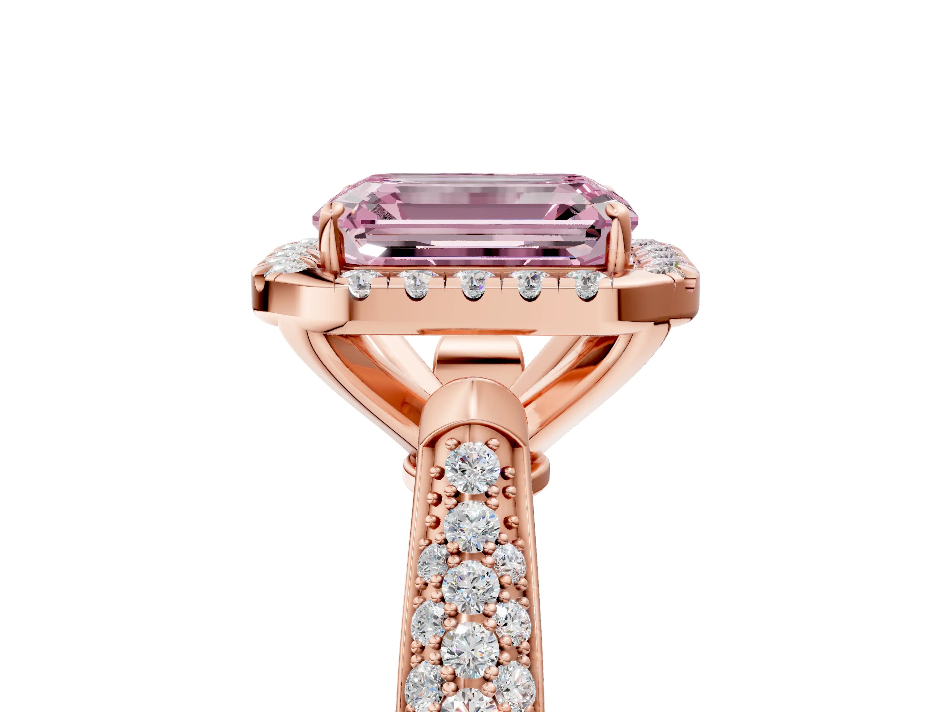 Rose gold Fancy Pink Emerald Cut Halo Diamond Ring with Pavé Band_5