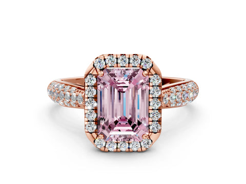 Rose gold Fancy Pink Emerald Cut Halo Diamond Ring with Pavé Band