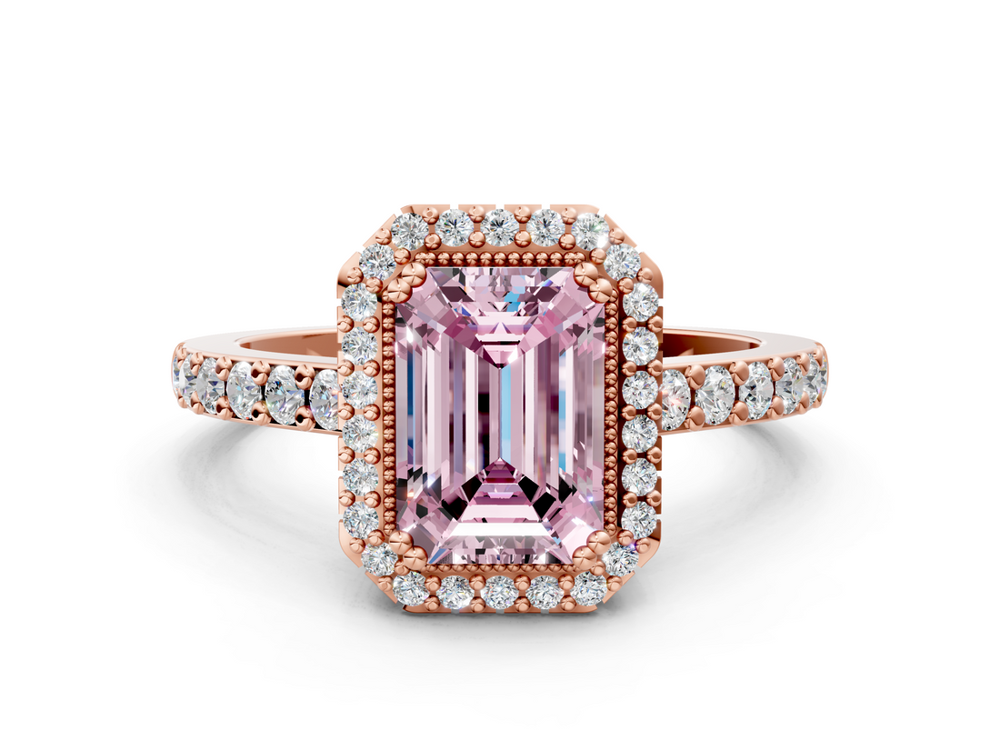 Rose gold Fancy Pink Emerald  Cut Halo Diamond Ring with Pave Band and Four-Prong Setting_17