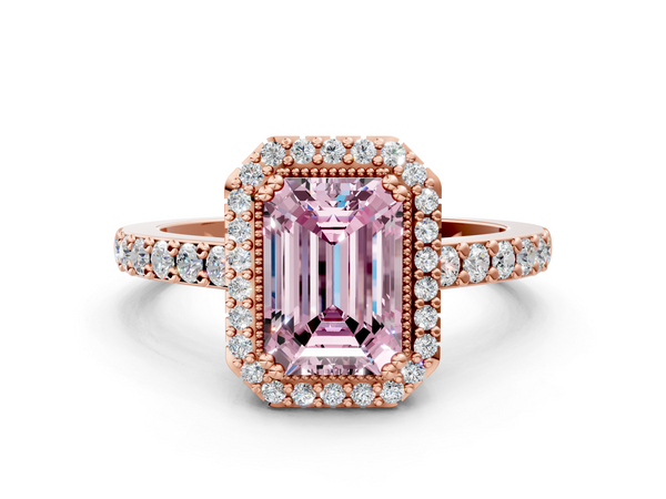 Rose gold Fancy Pink Emerald  Cut Diamond Halo Engagement Ring with Milgrain Detail and Pavé Band