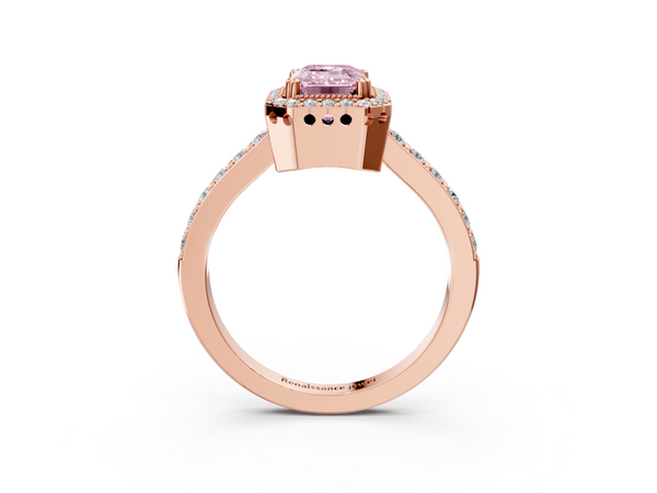 Rose gold Fancy Pink Emerald  Cut Diamond Halo Engagement Ring with Milgrain Detail and Pavé Band