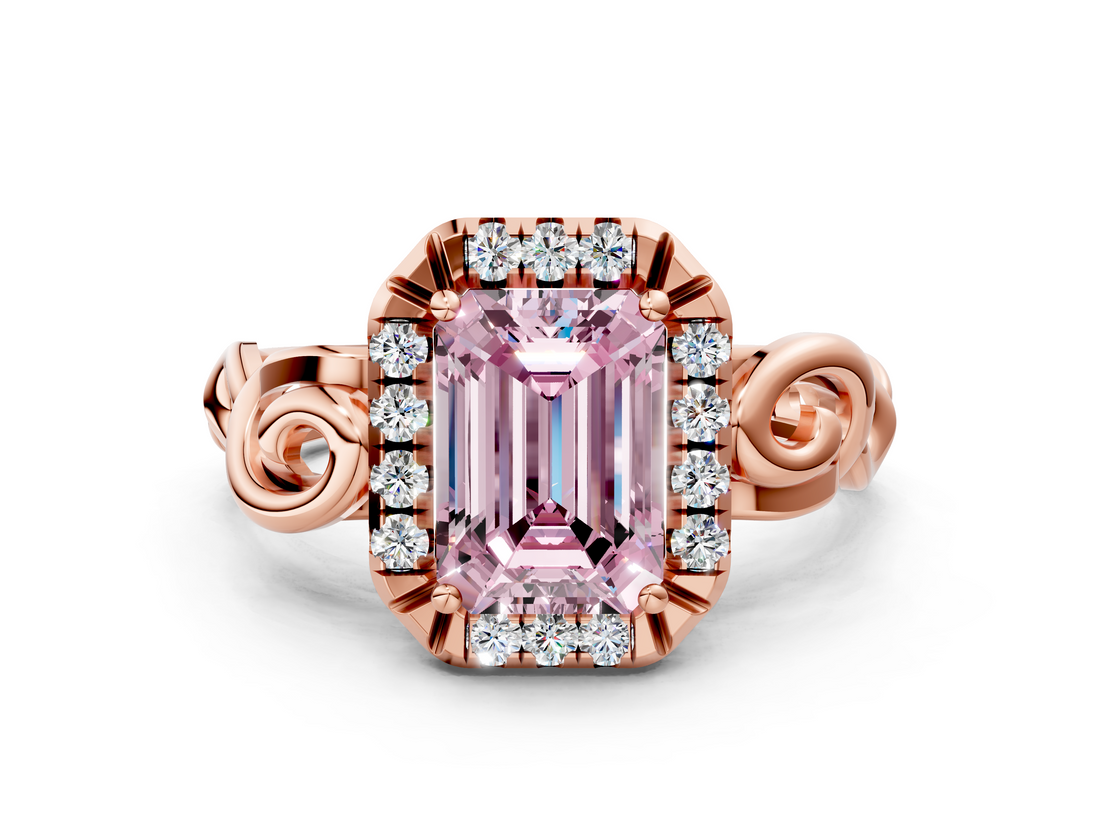 Rose gold Fancy Pink Emerald  Cut Halo Diamond Ring with Scrollwork Band and Four-Prong Setting_101
