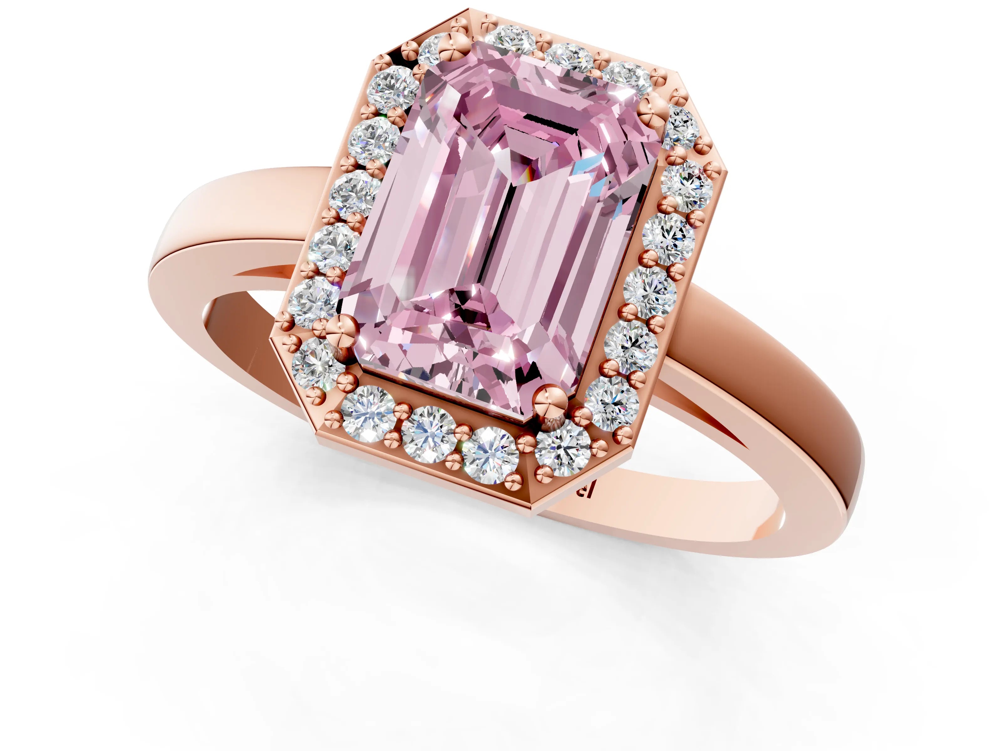 Rose gold Fancy Pink Emerald Cut Halo Diamond Ring with Solitaire Band and Prong Setting_1