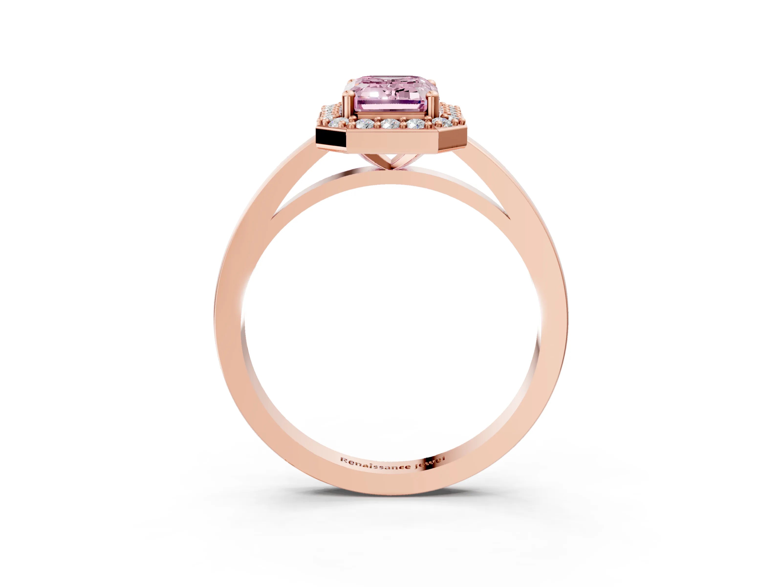 Rose gold Fancy Pink Emerald Cut Halo Diamond Ring with Solitaire Band and Prong Setting_3