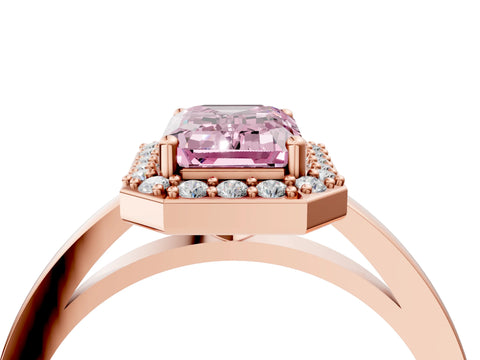 Rose gold Fancy Pink Emerald Cut Halo Diamond Ring with Solitaire Band and Prong Setting_4