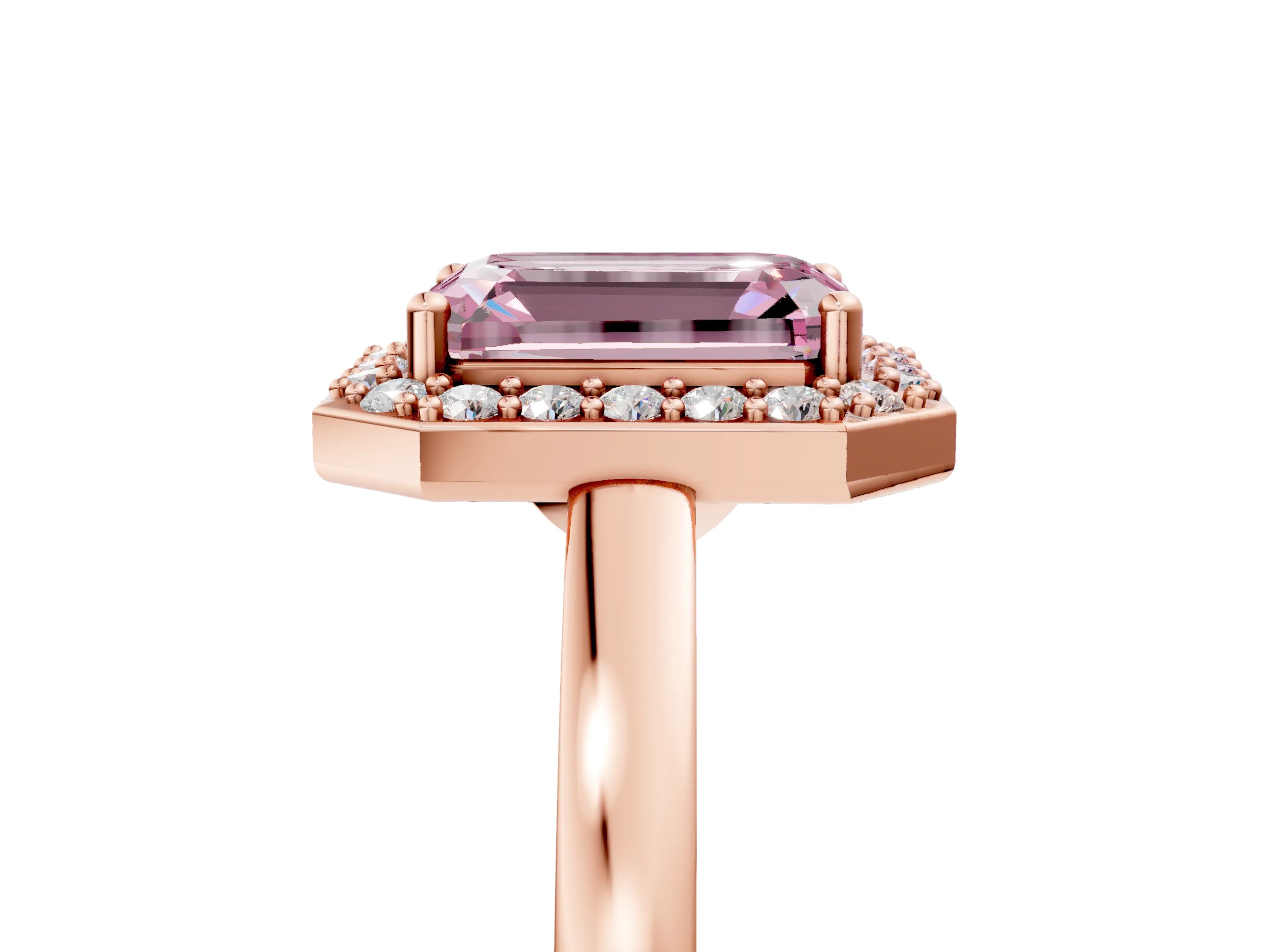 Rose gold Fancy Pink Emerald Cut Halo Diamond Ring with Solitaire Band and Prong Setting_5